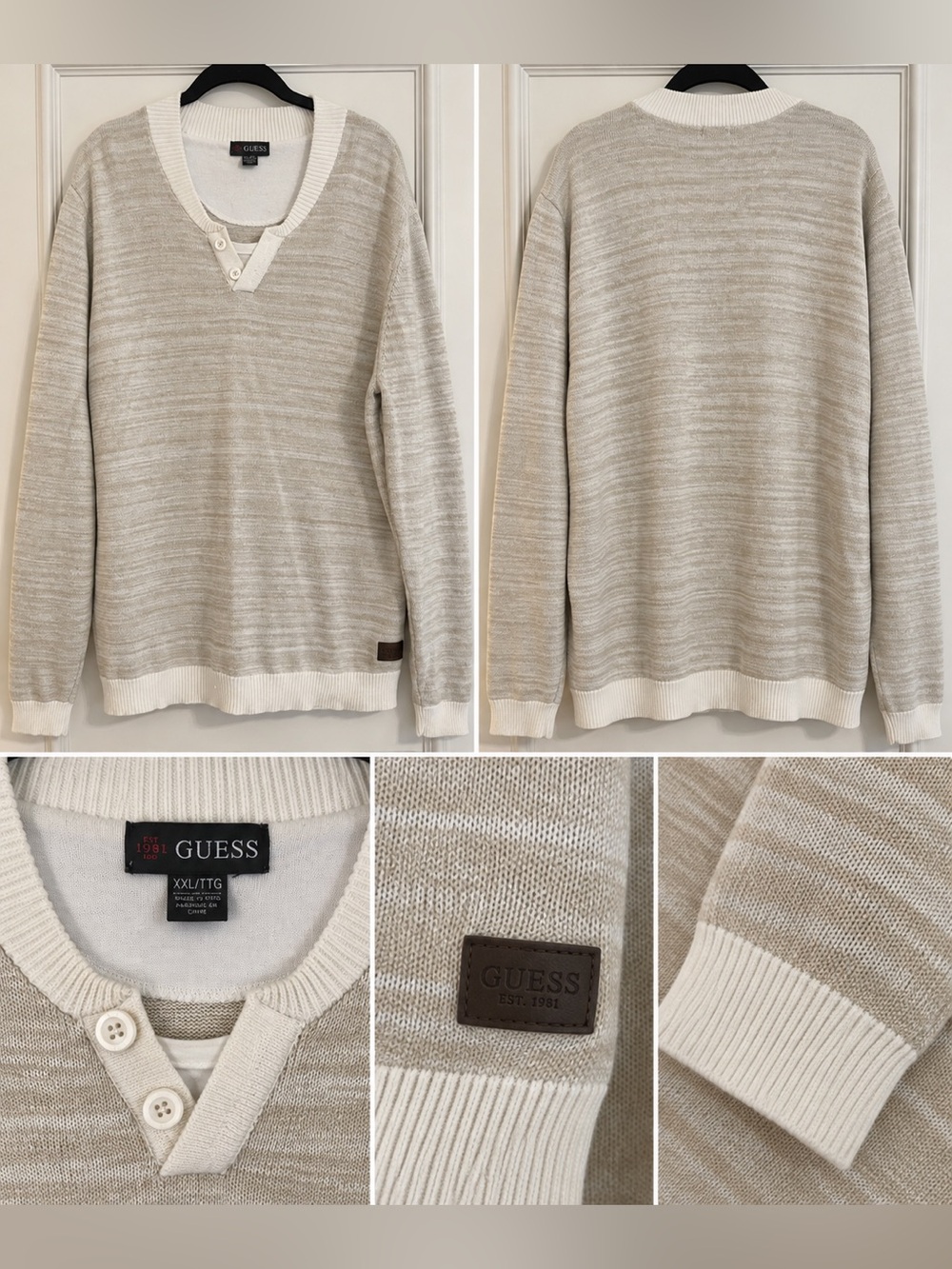 GUESS Men’s Cream & Beige Striped V-Neck Sweater